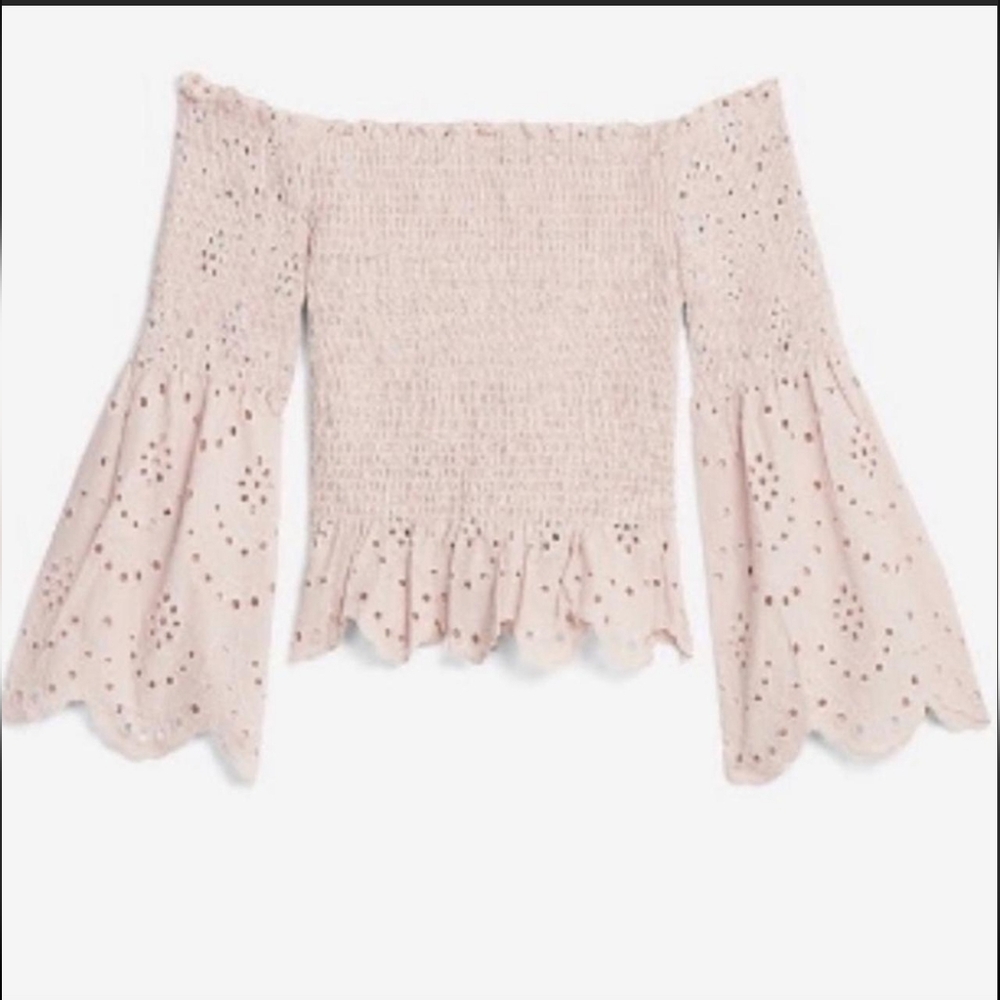 Express Smoky Mauve Pink Eyelet Off Shoulder Smocked Bell Sleeve Top
